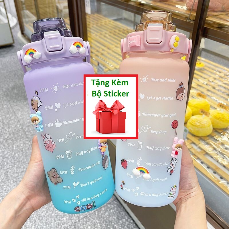Bình nước 2 lít có vạch kẻ chia ml siêu cute tặng kèm sticker tập gym, thể thao
