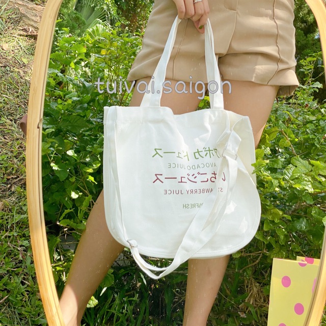 Túi vải túi tote canvas đeo chéo chữ tiếng nhật ( ảnh thật )