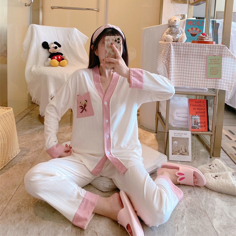 Bộ đồ ngủ tay dài phong cách Hàn Quốc thời trang xuân thu mới cho nữ