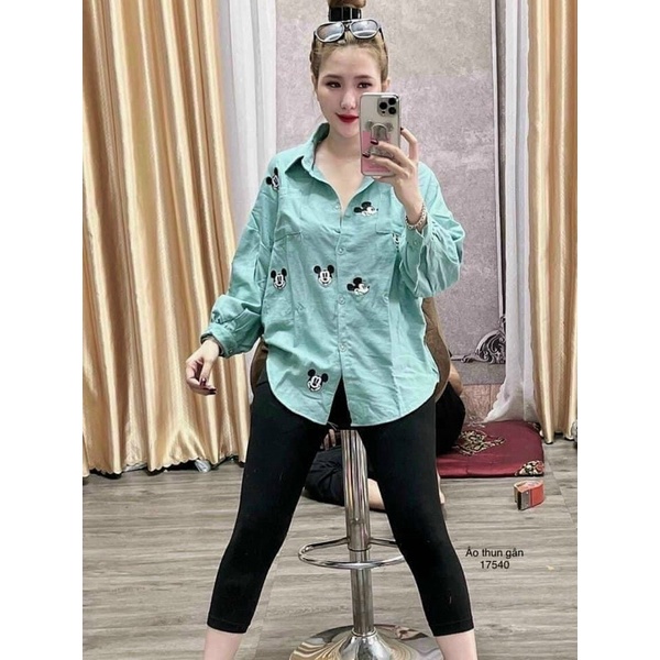 Sét bộ thời trang nữ mặc đi chơi chất kate lụa in mickeyy tay dài mix quần ôm tici