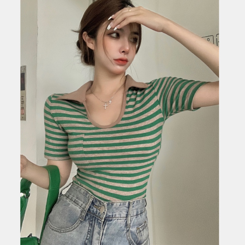Áo Thun Tay Ngắn Cổ Chữ u Họa Tiết Kẻ Sọc Thời Trang Cho Nữ