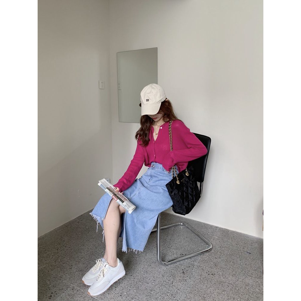 Áo Khoác cardigan Dệt Kim Mỏng Dáng Rộng Cổ Tròn Tay Dài In Họa Tiết Kẻ Sọc Màu Hồng Xinh Xắn Cho Nữ