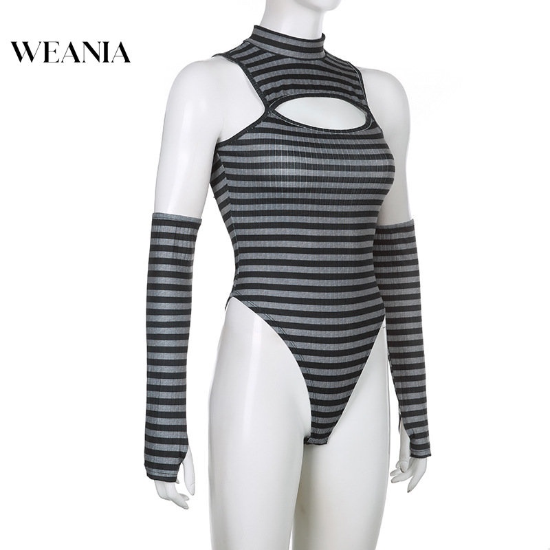 Bộ Áo Liền Quần Cổ Cao Kẻ Sọc Kèm Găng Tay Gợi Cảm Cho Nữ