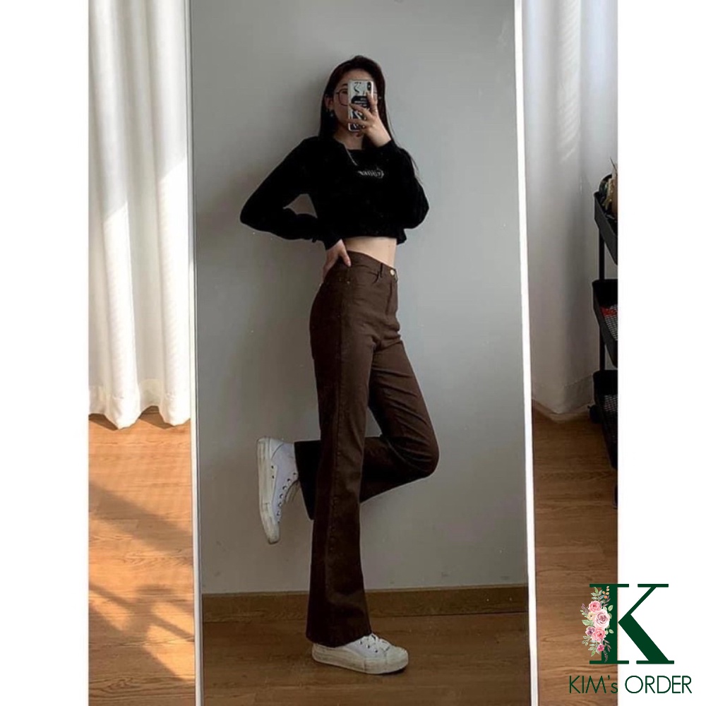 Quần jeans nữ ống loe màu nâu đen dáng dài cạp cao phong cách Ulzzang Hàn xu hướng thời trang cá tính sành điệu loại 1