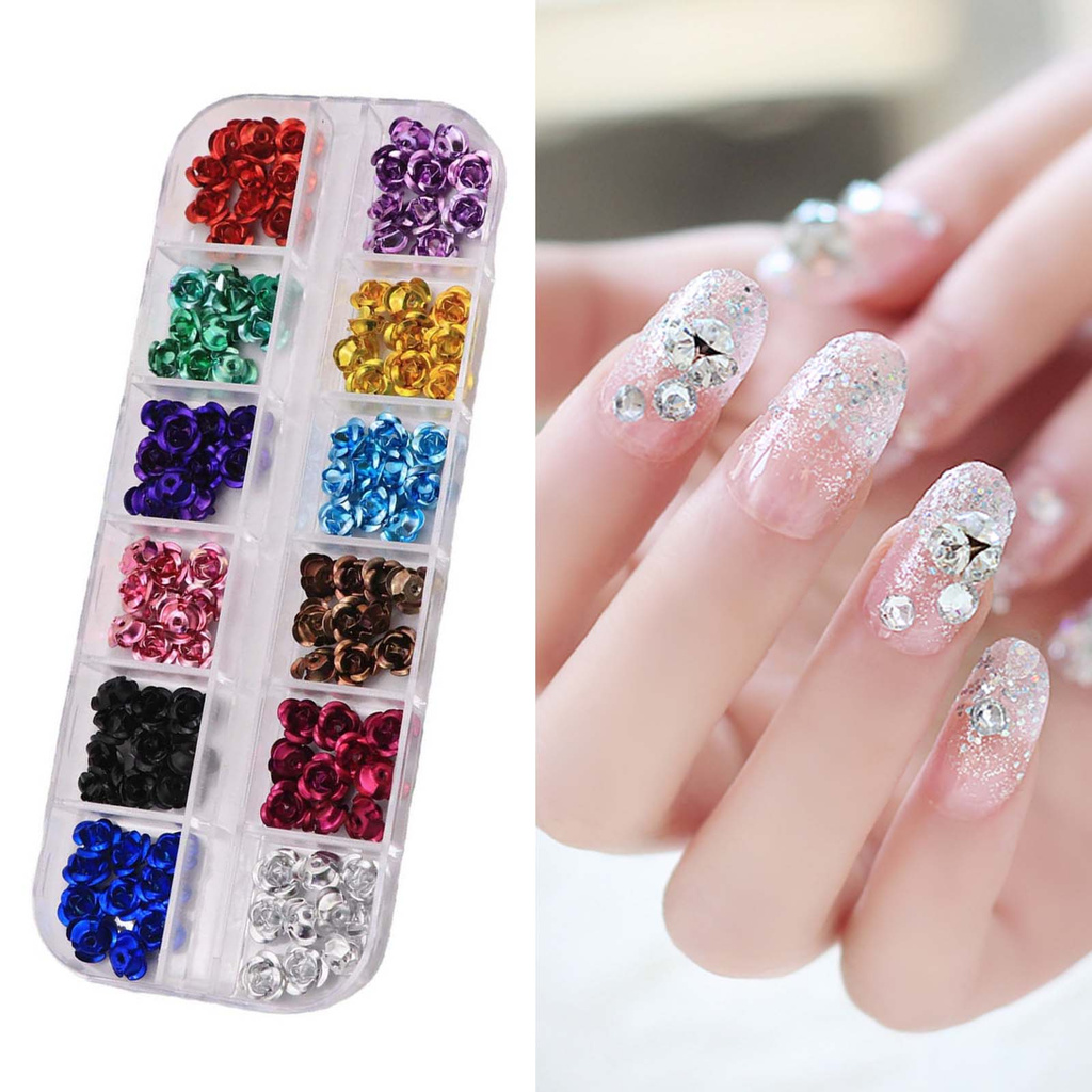 [Hàng mới về] Hộp Phụ Kiện Hạt Trang Trí Móng Tay Họa Tiết Hoa 3D Bằng Kim Loại