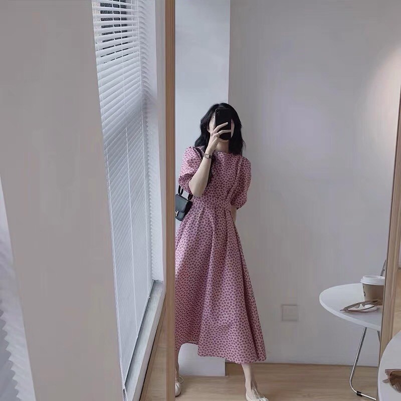 Váy tim ulzzang dáng dài cổ tròn voan tơ - Đầm hoa nhí Vintage Vaytimhong | BigBuy360 - bigbuy360.vn