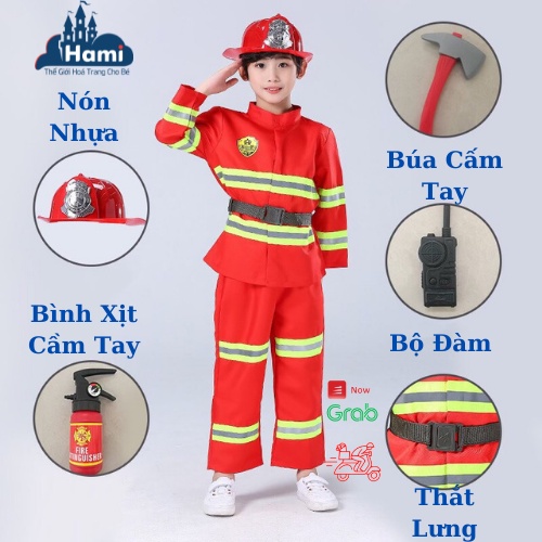 Trang phục hóa trang lính cứu hỏa cho bé trai size 15kg, 35kg combo nón, phụ kiện đồ chơi lính cứu hỏa hm0128