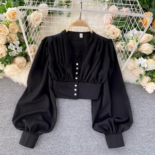 Áo sơ mi lụa tay bồng, áo sơ mi công sở Hàn Quố, áo sơ mi croptop