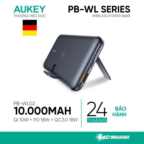 Sạc Dự Phòng AUKEY PB-WL02 10.000 MAH, Sạc Nhanh PD 18W, QC 3.0, Sạc Không Dây QI 10W, Tích Hợp Giá Đỡ