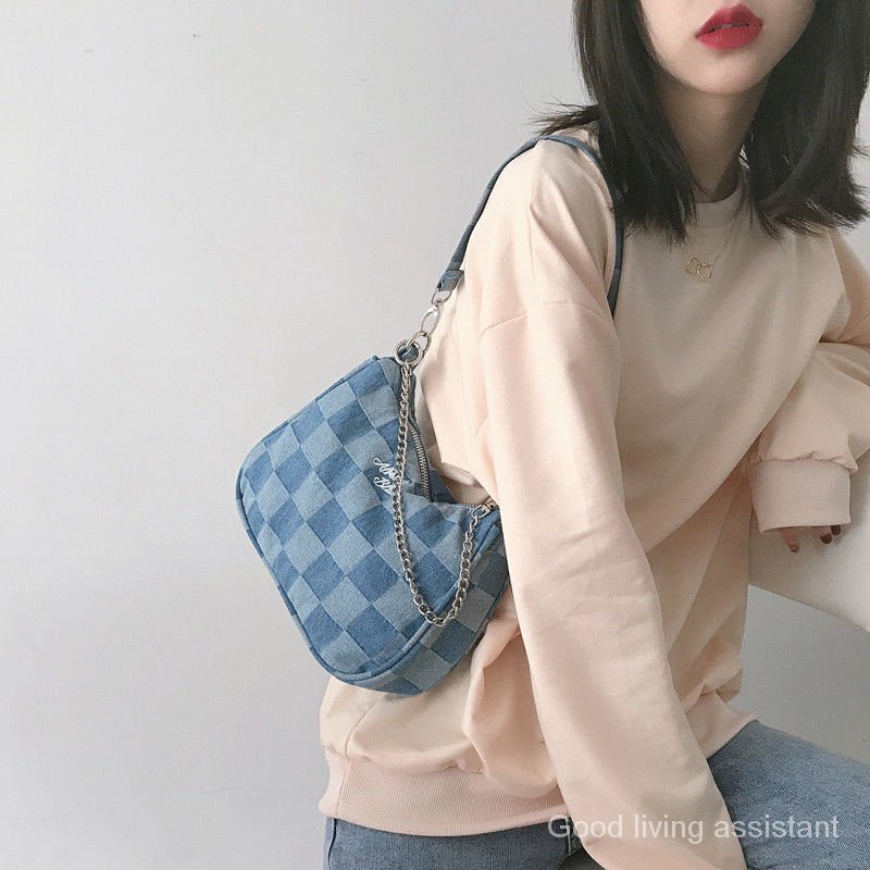 Túi đeo vai vải denim có dây xích Thời trang mùa hè 2022 cho phụ nữ