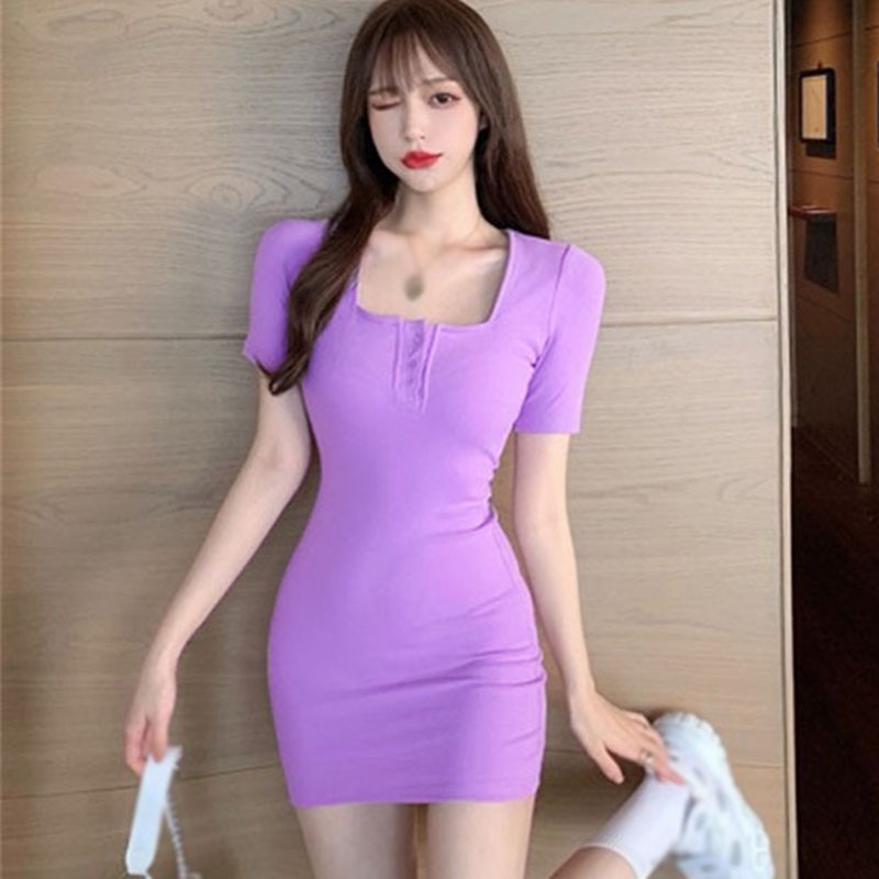 Đầm ôm tay ngắn cổ vuông phối nút thời tranh thanh lịch quyến rũ cho nữ | BigBuy360 - bigbuy360.vn
