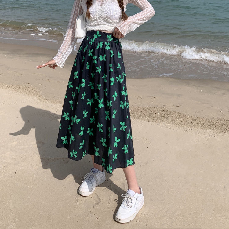 Summer 2021 New Korean High Waist Slim Flower Mid Length A-line Skirt for Female Students[delivery Within 15 Days ]