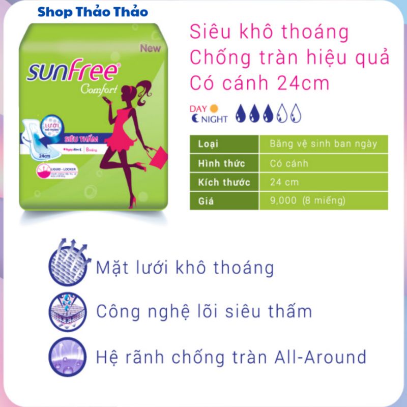 [BVS] Băng Vệ Sinh Sunfree Comfort 8 Miếng Có Cánh 24cm