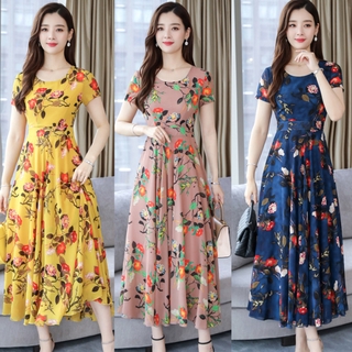 Đầm Maxi nữ mùa hè in hoa cổ tròn tay ngắn dáng rộng Váy Maxi dài dành cho nữ