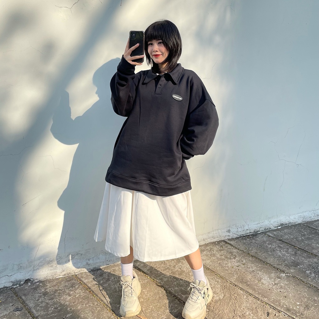 Áo tay dài local brand - Sweater nữ nam có cổ logo Dragonbyboi Đen nỉ bông cao cấp