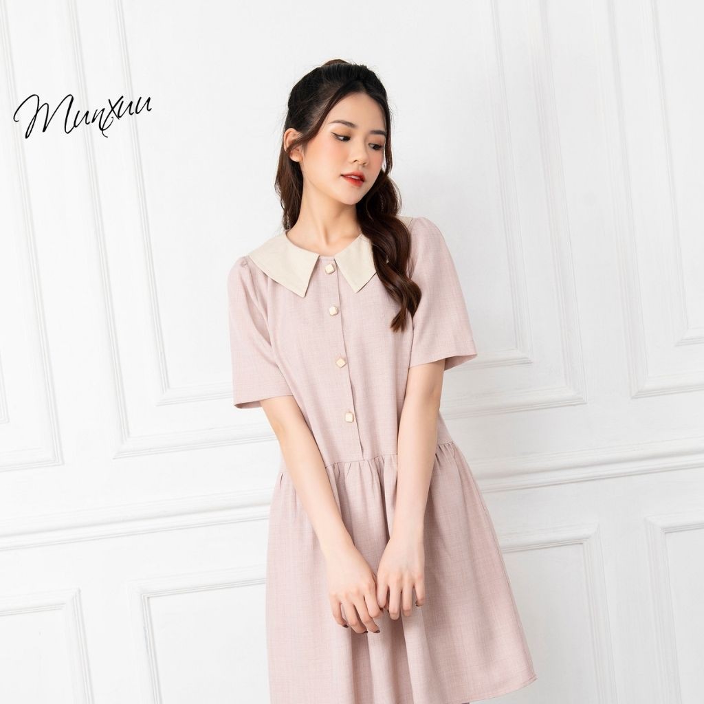 Váy babydoll tay ngắn MUNXUU đính cúc thiết kế màu trơn dáng dài xòe nhẹ nhàng thanh lịch - V05