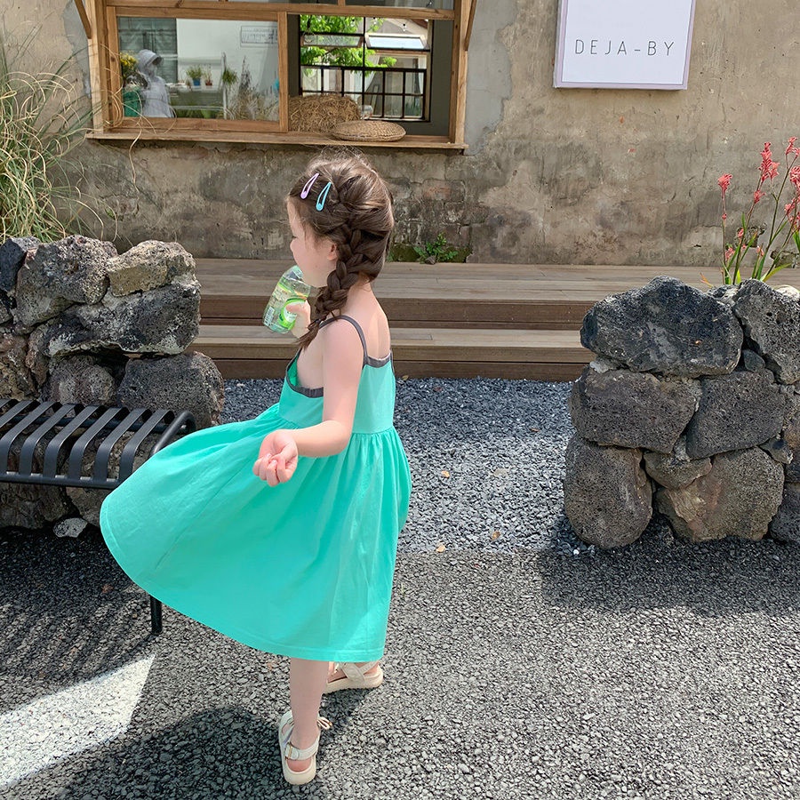 Đầm Công Chúa Hai Dây Màu Trơn Thời Trang Mùa Hè Hàn Quốc Mới Cho Bé Gái