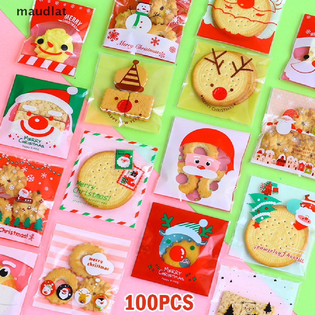 MAUD 100PCS Plastic Cookie Gift Bags Christmas Santa Snowman Snacks Cookie Packaging .