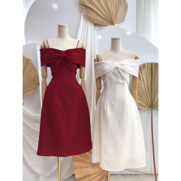 Đầm dự tiệc trễ vai 2 dây nơ ngực xinh xắn Cherry Dress