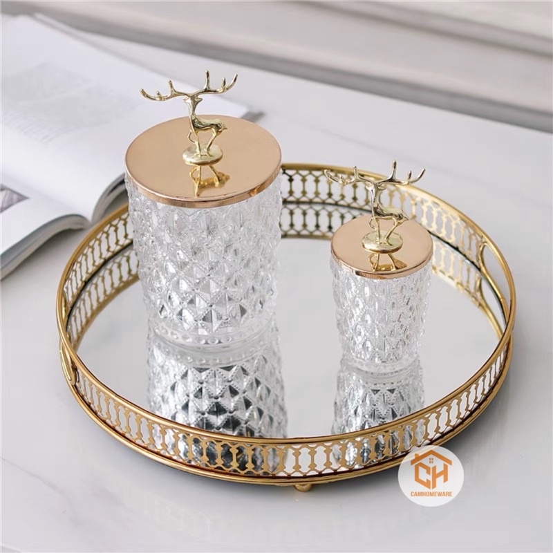 Khay Pha Lê Tráng Gương Viền Mạ Vàng Tròn Đựng Mỹ Phẩm Decor Trang Trí Cam Homeware