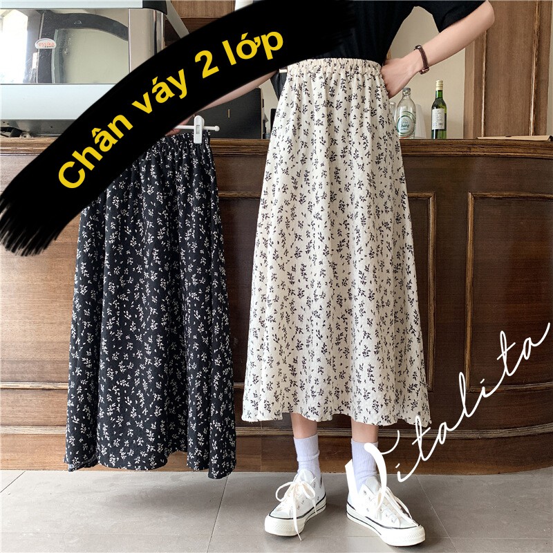 [Xả kho] Chân váy hoa nhí Vintage vải voan 2 lớp eo chun dáng dài phong cách Ulzzang Hàn Quốc | BigBuy360 - bigbuy360.vn