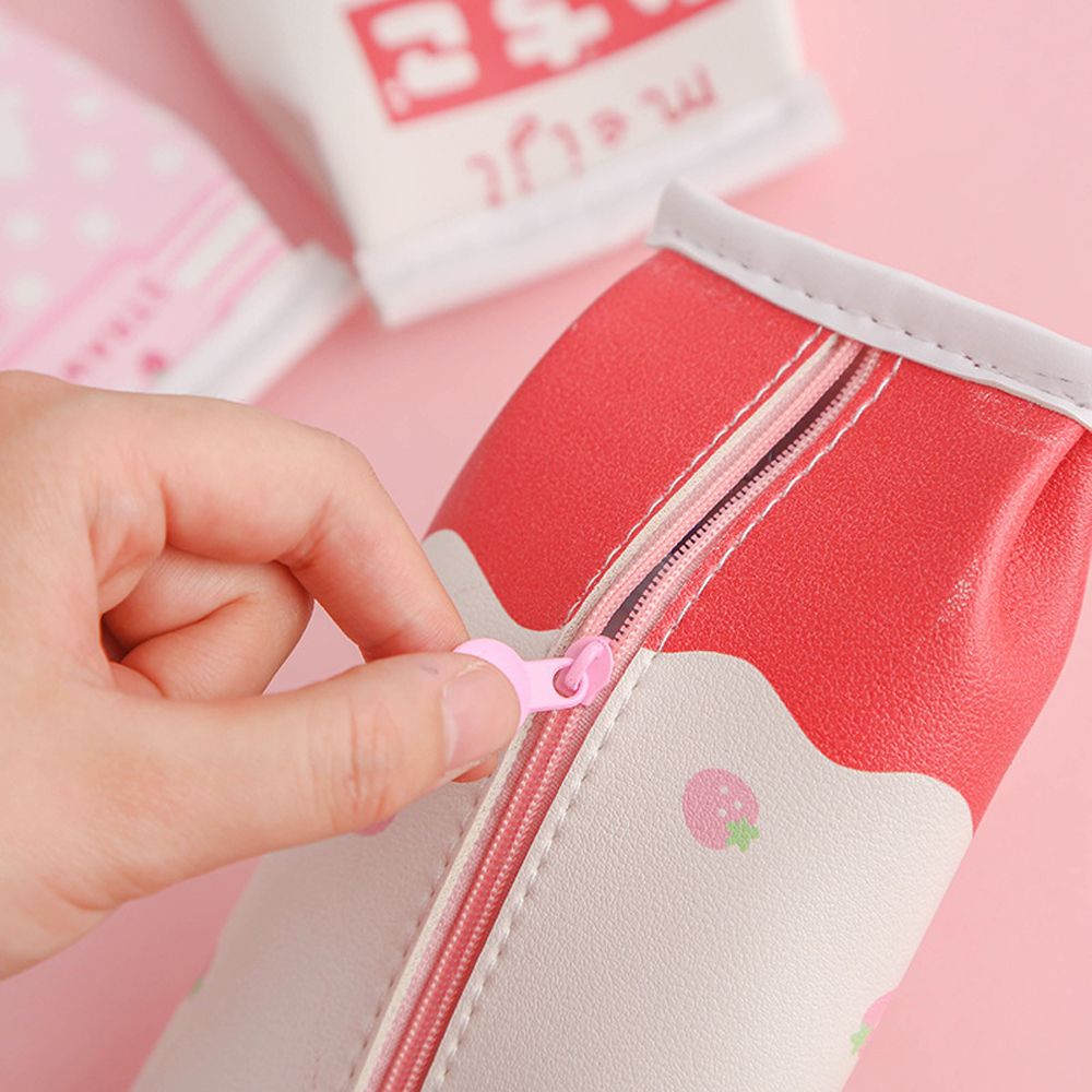 Túi đựng bút bằng da PU hình hộp sữa dâu chống nước sáng tạo