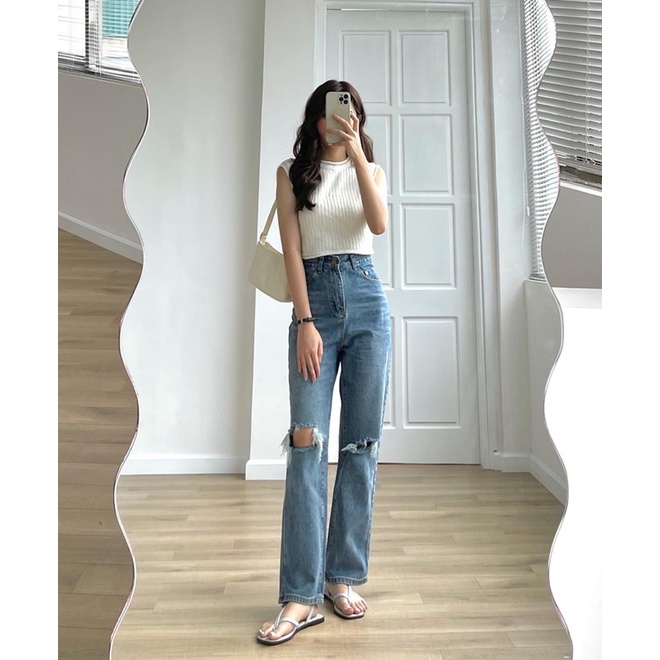 Quần jeans rách 2 gối xanh đậm | BigBuy360 - bigbuy360.vn