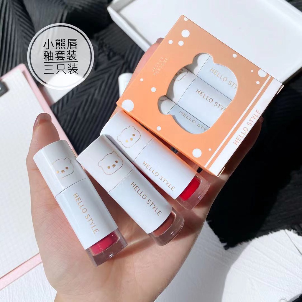 [Hàng mới về] Set 1/ 3 son kem hiệu ứng gương thiết kế hình gấu dễ thương