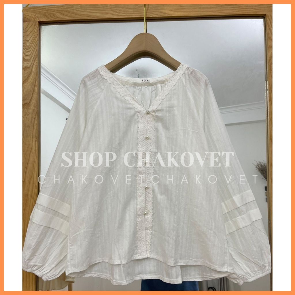 Áo sơ mi nữ dài tay form rộng CKA871, áo kiểu nữ đẹp cổ V tay bồng dáng babydoll cúc ngọc viền ren mặc đi làm đi học