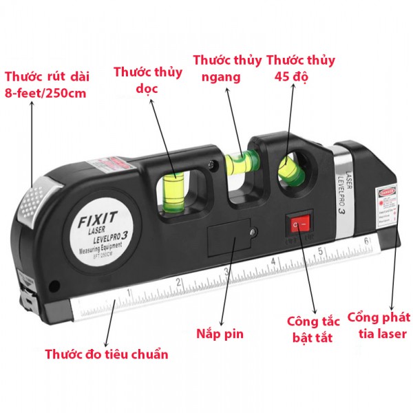 Thước Đo Laser Chữ Thập Căn Mực Kiêm Thước 2.5m 4in1 GRO V2