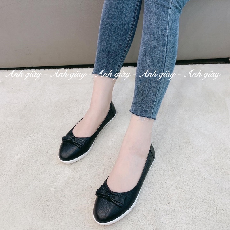 GB11 - Giày bệt da bò mũi tròn nơ ngang chất da siêu mềm nhẹ êm 3 màu đen , trắng , bò  hàng VNXK