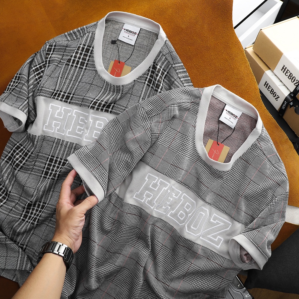 Áo thun nam cổ tròn HEBOZ chất vải dệt caro, phối thêu chữ cao cấp 2M - 00001207