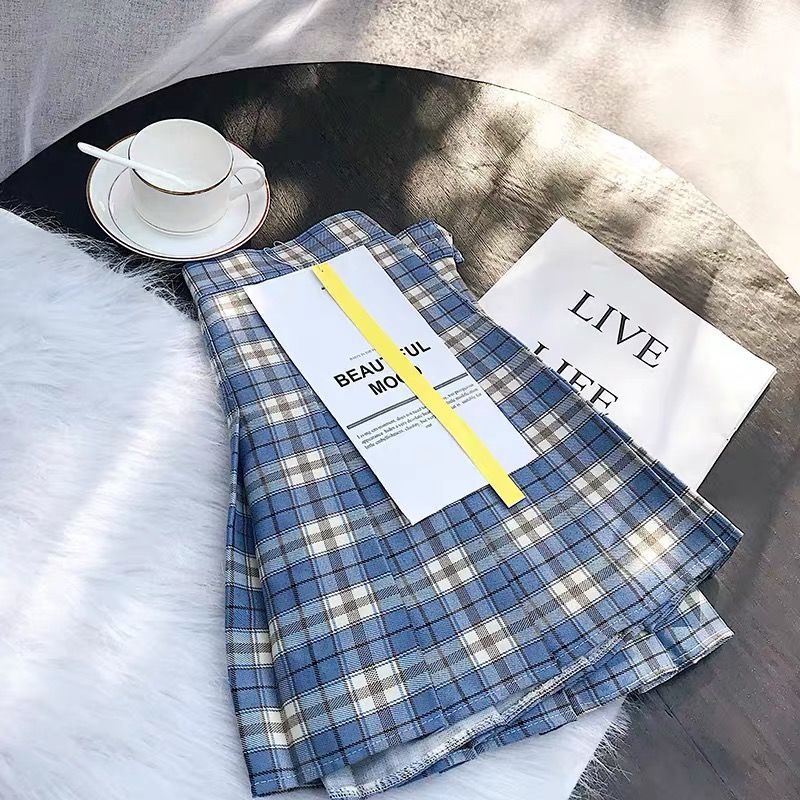 Chân váy ngắn dáng chữ A xếp ly kẻ sọc caro lưng cao phong cách mới thời trang xuân thu cho nữ 2021