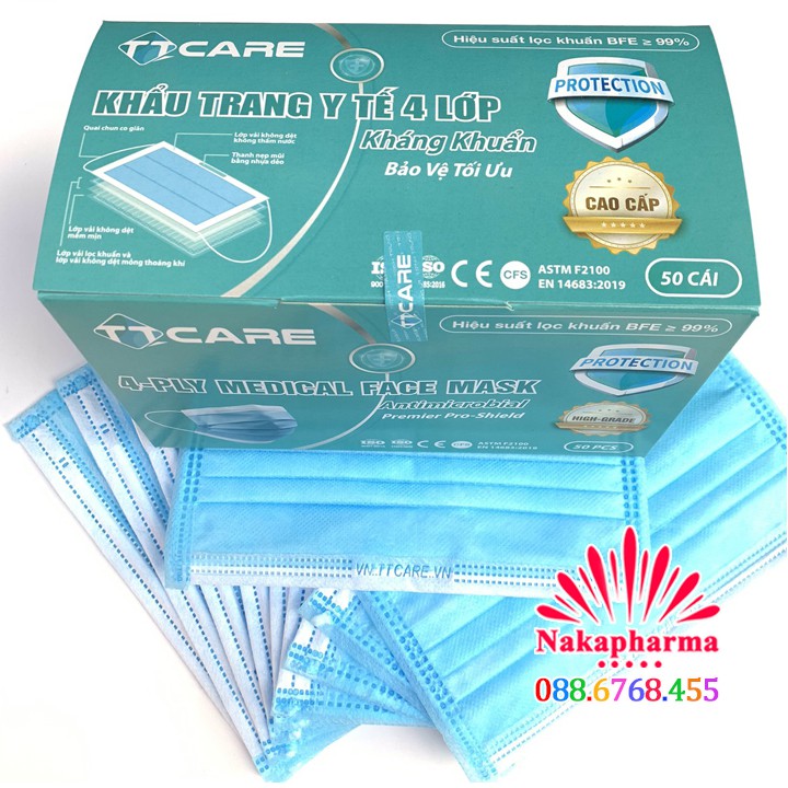 Khẩu Trang Y Tế 4 Lớp Kháng Khuẩn TTCare Cao Cấp - Lọc vi khuẩn 99%, chống tia UV bảo vệ da, ngăn bụi mịn