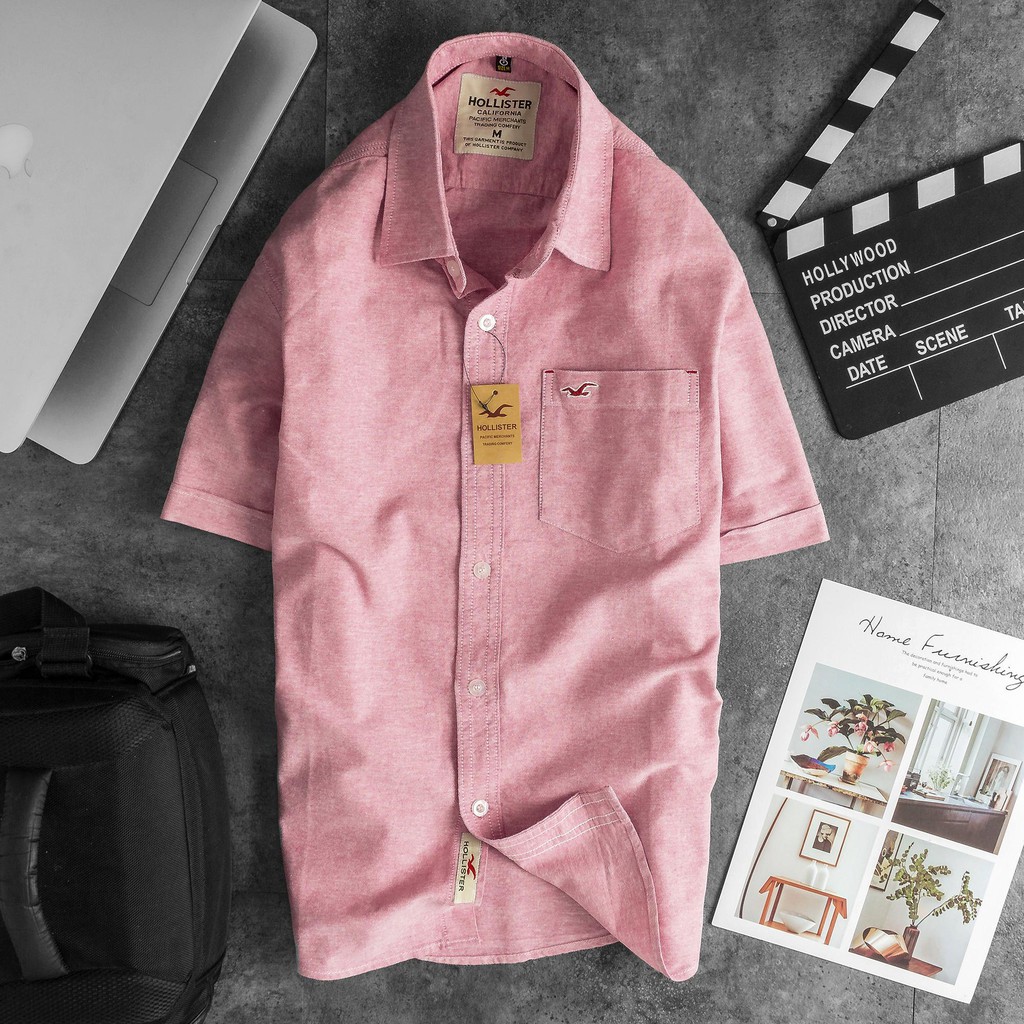 Áo sơ mi nam Hollister ngắn tay cao cấp vải Oxford màu hồng - Thời Trang Hàng Hiệu