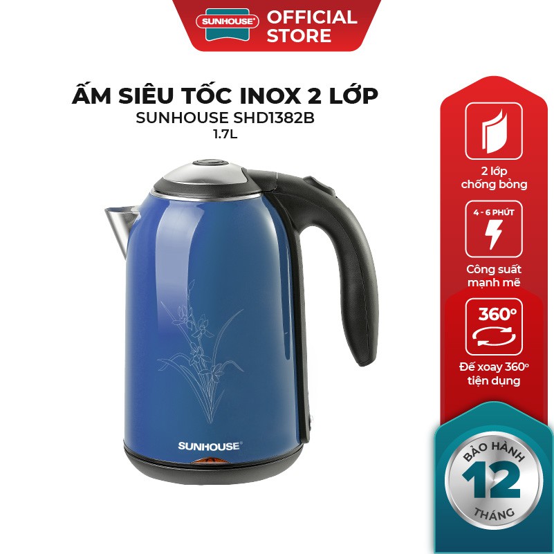 Ấm siêu tốc Inox 2 lớp Sunhouse SHD1382 xanh đậm chính hãng