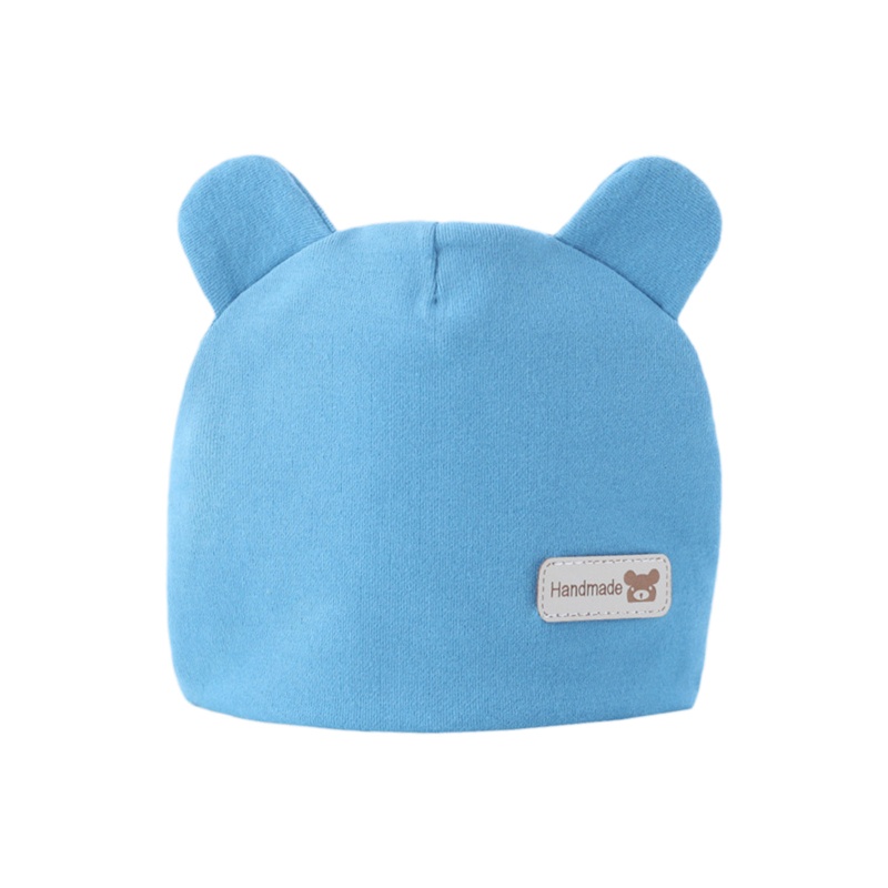 Mũ Beanie Cotton Màu Trơn Co Giãn Đính Tai Gấu Dễ Thương Cho Bé Sơ Sinh 0-6 Tháng Tuổi