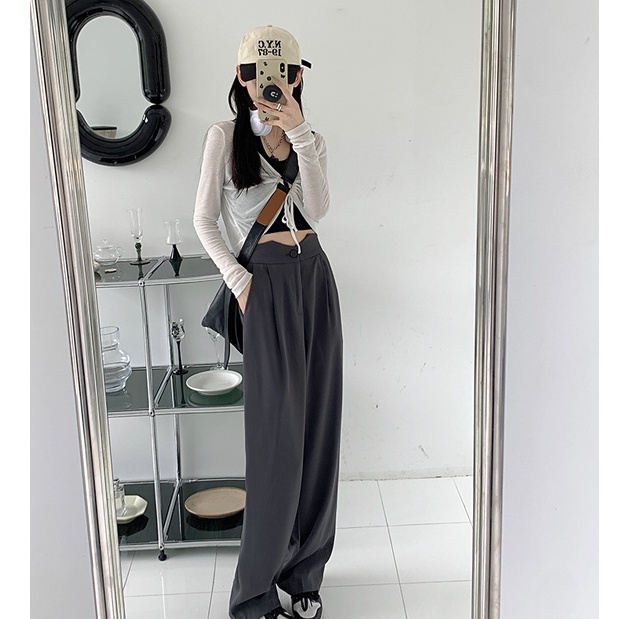 QKOOLE  Bộ Áo Vest Lưng Cao + Quần Dài Ống Rộng Thời Trang Hàn Quốc Thanh Lịch Cho Nữ