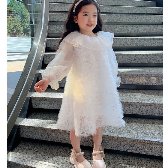 V102 - Váy voan trắng hoa nổi sz 90-140, váy điệu đà cho bé thu đông 2022