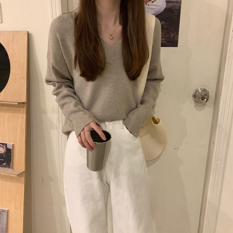 Áo Sweater Dệt Kim Cổ Chữ V Tay Dài Dáng Rộng Phong Cách Mới 45164