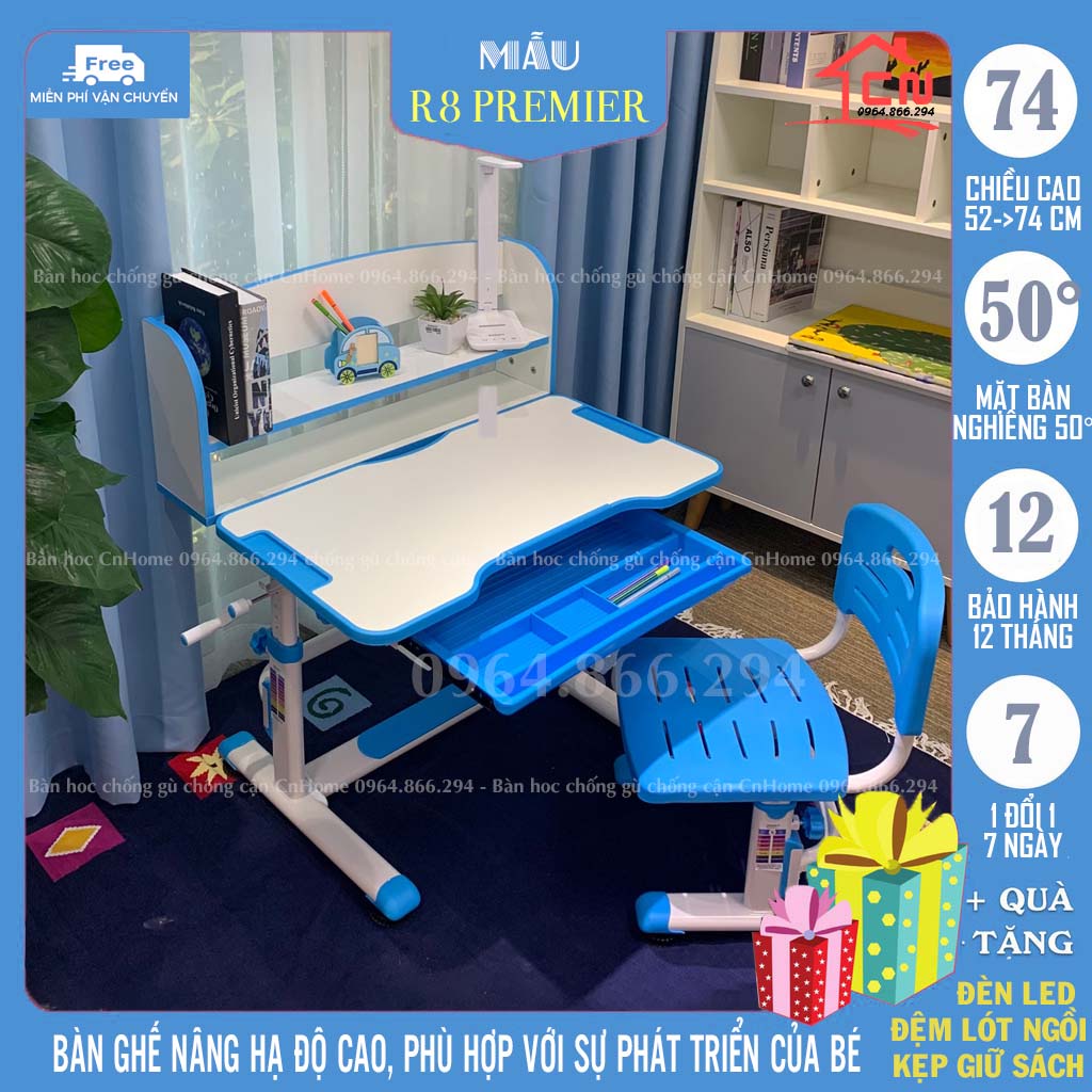Bàn học cho bé chống gù chống cận thông minh CnHome R8 🎁𝑭𝑹𝑬𝑬𝑺𝑯𝑰𝑷🎁TẶNG ĐÈN HỌC, ĐỆM NGỒI, CHỐNG CẰM VÀ KẸP GIỮ SÁCH