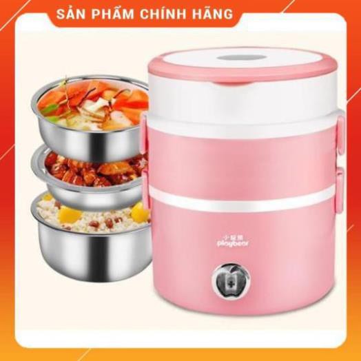 [Bh 1 đổi 1] Hộp cơm cắm điện hâm nóng inox cao cấp 3 tầng Play Bear tặng túi đựng xinh xắn