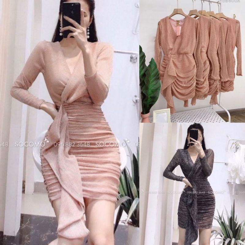 Đầm ôm nhũ kim tuyến ( Size S-M-L-XL ) tay dài cổ V đắp chéo eo phối bèo HÀNG THIẾT KẾ Cao Cấp