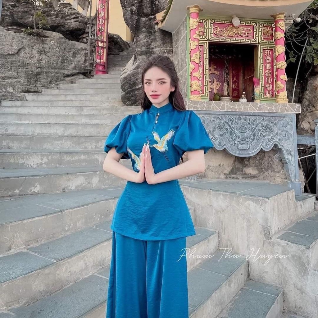 MẪU MỚI ĐỒ LAM ĐI CHÙA KIỂU TAY PHỒNG THÊU HẠT