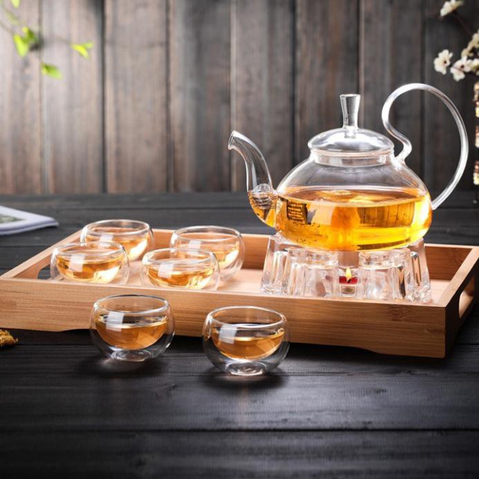 bộ trà thuỷ tinh có đế nến tặng bộ tách trà thủy tinh ấm trà thủy tinh chịu nhiệt ấm pha chè sen trà hoa detox đun được