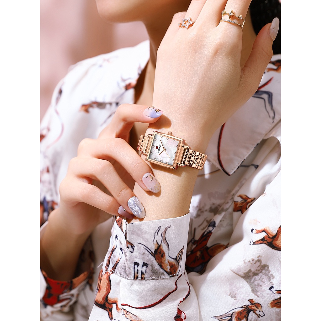 Đồng Hồ Quartz Mặt Vuông Chống Thấm Nước Màu Vàng Hồng Bằng Thép Thời Trang 21041