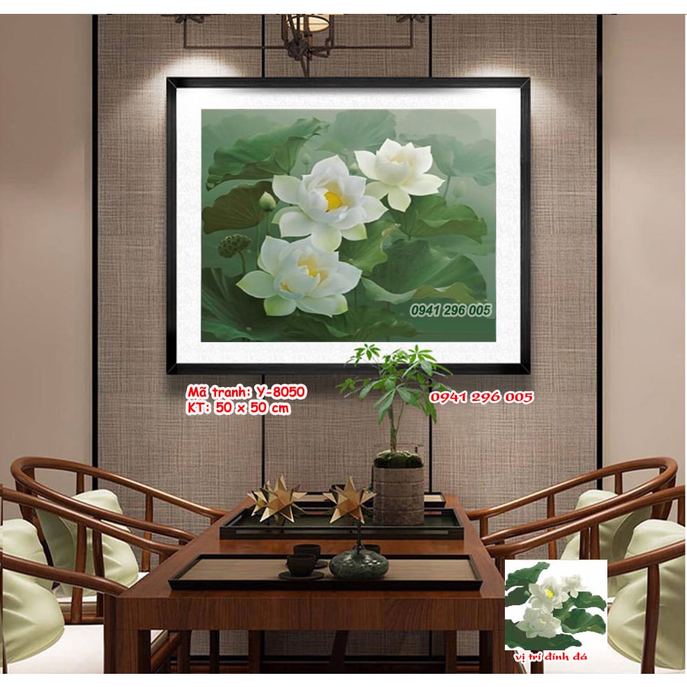 Tranh đính đá Hoa sen trắng - Kích thước: 50x50cm (chưa đính đá)