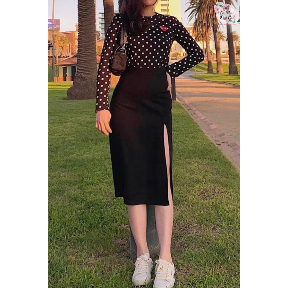 CHÂN VÁY MIDI SKIRT ĐEN TRƠN XẺ TÀ - HÌNH CHỤP THẬT