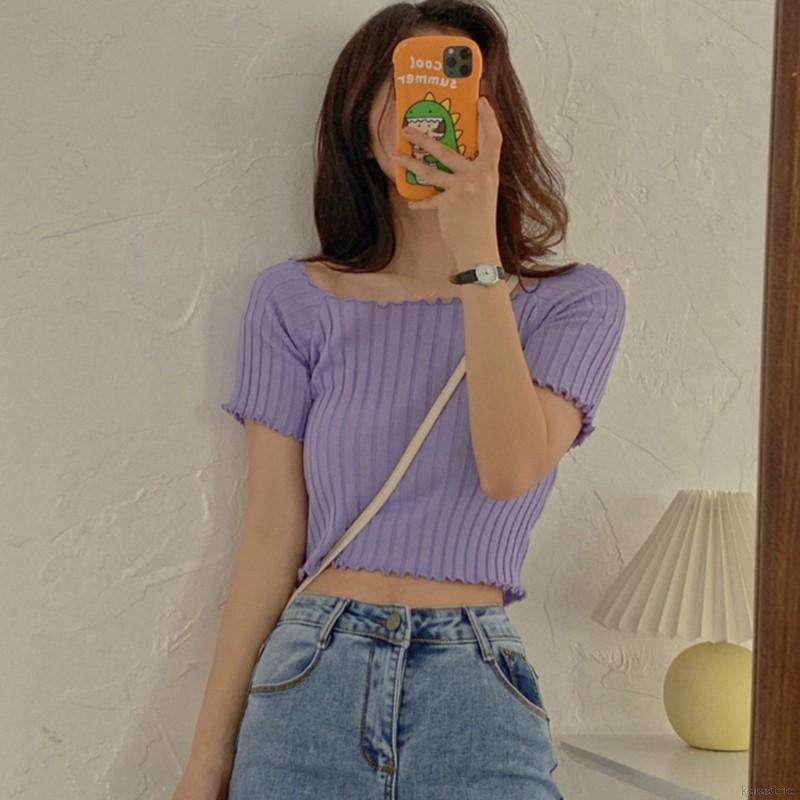 Áo Croptop Dệt Kim Tay Ngắn Thiết Kế Trễ Vai Gợi Cảm | BigBuy360 - bigbuy360.vn