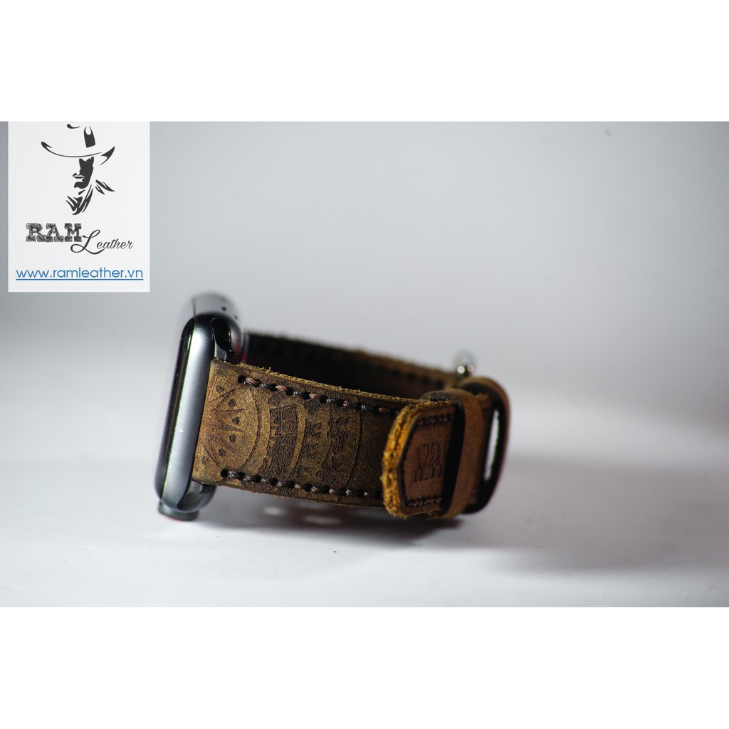 Dây Đồng Hồ Da Bò Thật Bền Đẹp Họa Tiết Trống Đồng Nâu Đất - Ram Traditional Dark Brown
